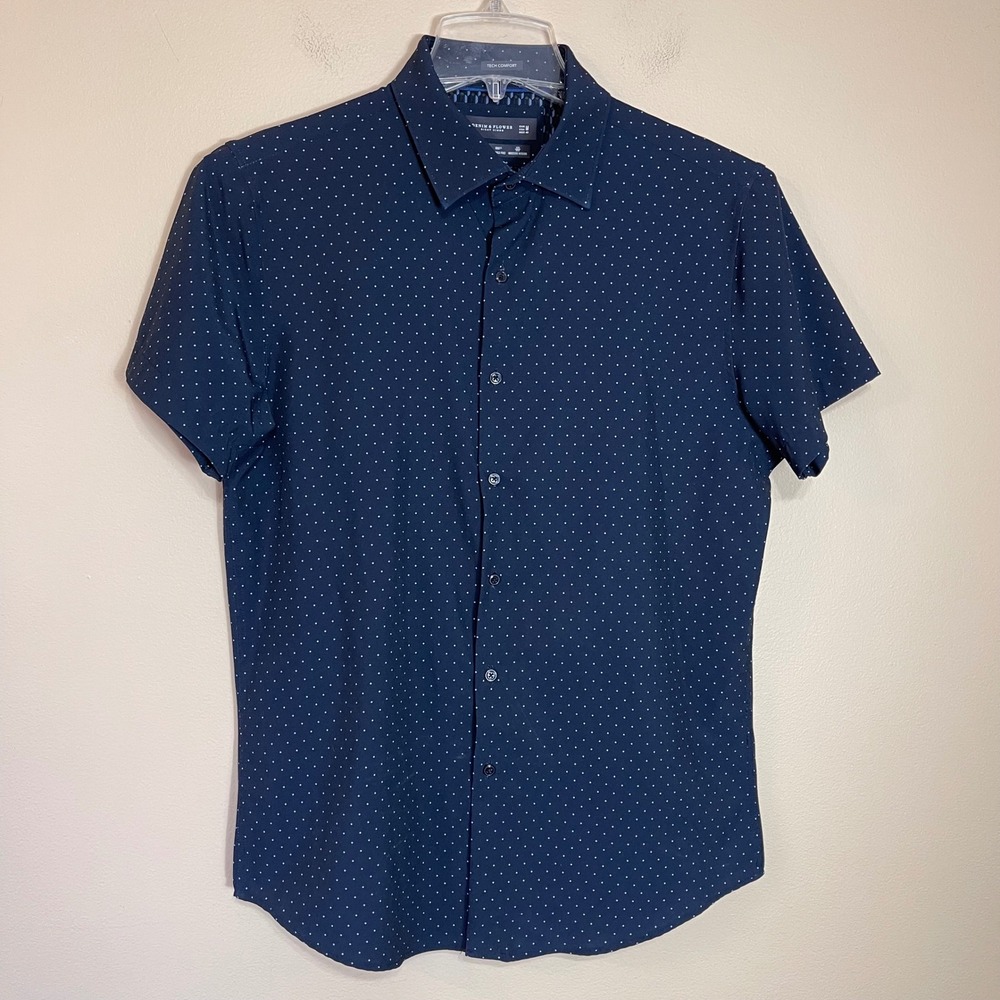 Denim & Flower Ricky Singh Mens Navy Polka Dot Tech Comfort Stretch Shirt Medium
